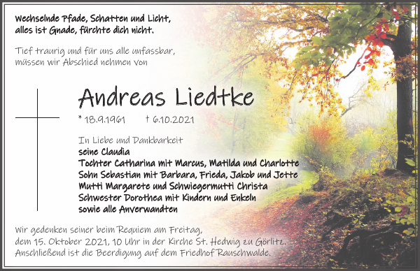 Wechselnde Pfade Schatten Und Licht Andreas Liedtke: Traueranzeige : Sächsische Zeitung