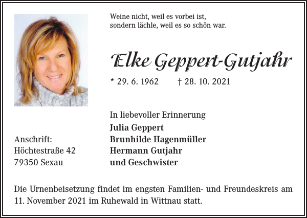 Elke Geppert-Gutjahr : Traueranzeige : Badische Zeitung