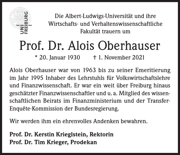 Alois Oberhauser Prof.Dr. Traueranzeige Badische Zeitung