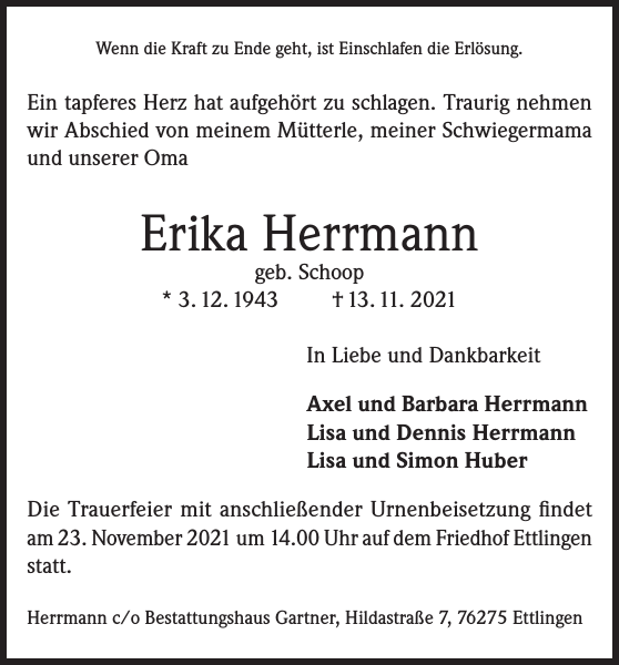 Erika Herrmann Traueranzeige Badische Zeitung