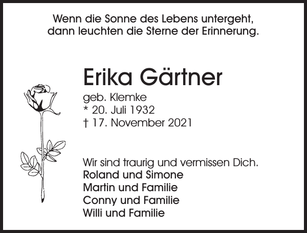Erika Gärtner Traueranzeige Sächsische Zeitung