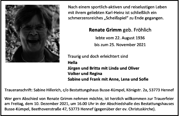 Renate Grimm geb. Fröhlich : Traueranzeige : Westdeutsche Zeitung