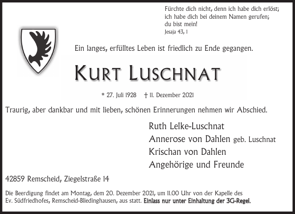 Kurt Luschnat Traueranzeige Remscheider GeneralAnzeiger