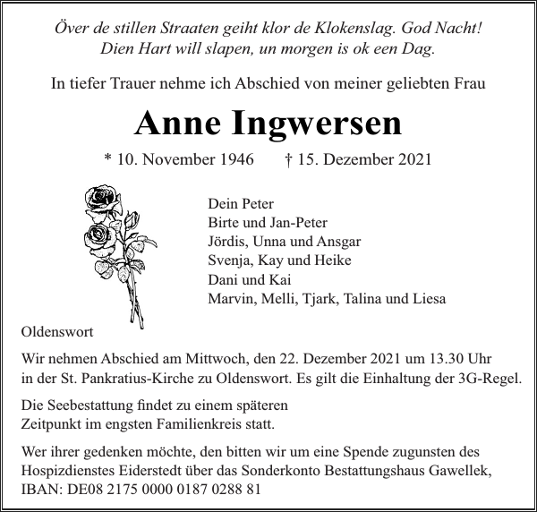Anne Ingwersen : Traueranzeige : Husumer Nachrichten