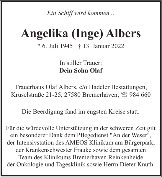 Angelika Inge Albers Gedenken Nordsee Zeitung 