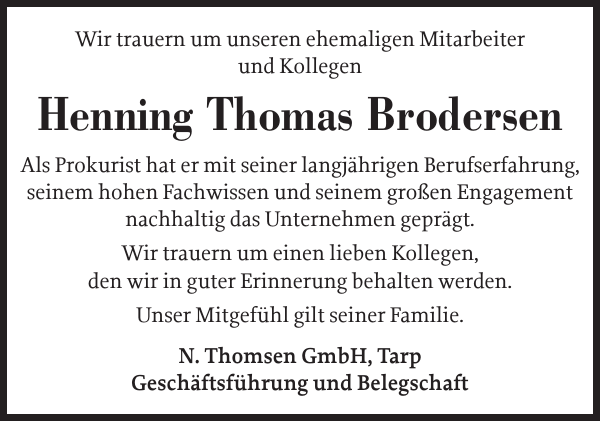 Henning Thomas Brodersen: Gedenken : Flensburger Tageblatt