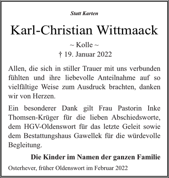 KarlChristian Wittmaack Danksagung Husumer Nachrichten