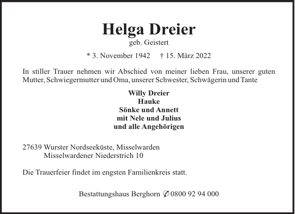 Helga Dreier Gedenken Nordsee Zeitung