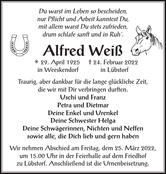Alfred Weiß Traueranzeige Zeitung für die Landeshauptstadt