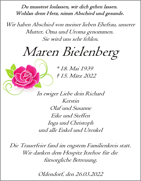 Maren Bielenberg Traueranzeige Norddeutsche Rundschau
