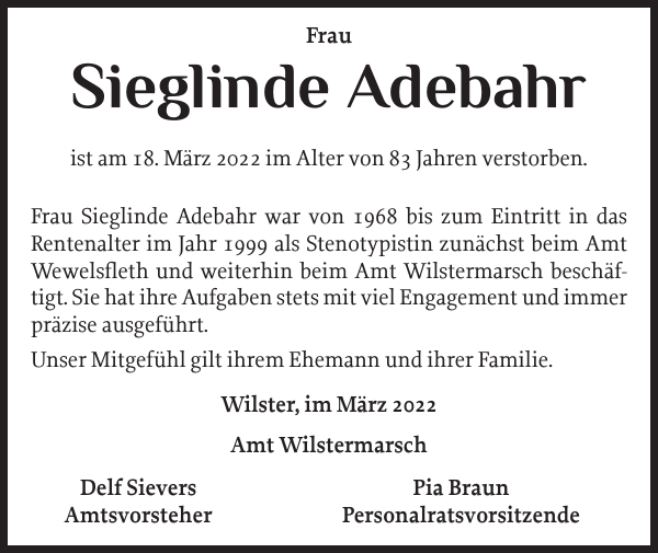 Sieglinde Adebahr : Gedenken : Norddeutsche Rundschau