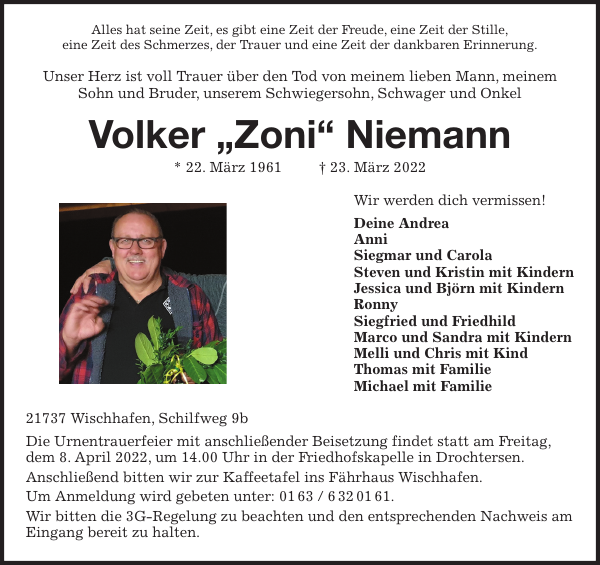 Volker (Zoni) Niemann Traueranzeige Stader Tageblatt