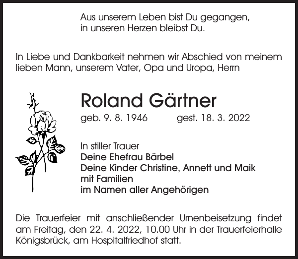 Roland Gärtner Traueranzeige Sächsische Zeitung
