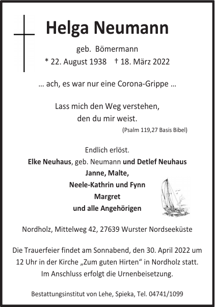 Helga Neumann Gedenken Nordsee Zeitung