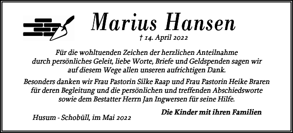 Marius Hansen Danksagung Husumer Nachrichten