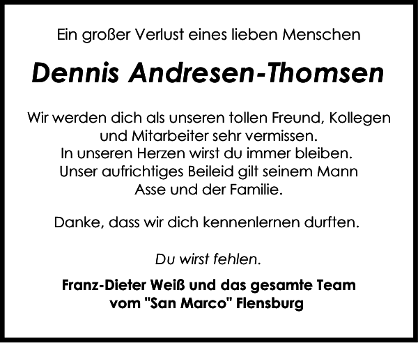 Dennis Andresen-Thomsen: Traueranzeige : Flensburger Tageblatt