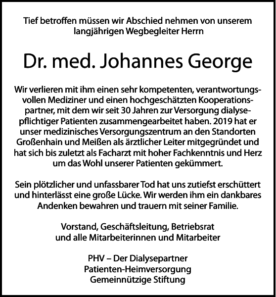 Dr. Med. Georg Johann Witte Dr. med. Johannes George : Traueranzeige : Sächsische Zeitung