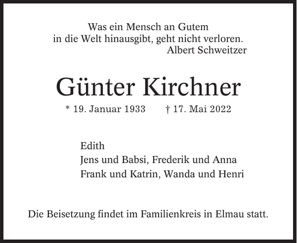 Günter Kirchner Traueranzeige Cuxhavener Nachrichten