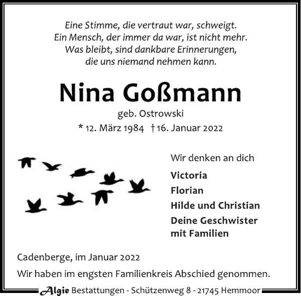 Nina Goßmann: Traueranzeige : Cuxhavener Nachrichten