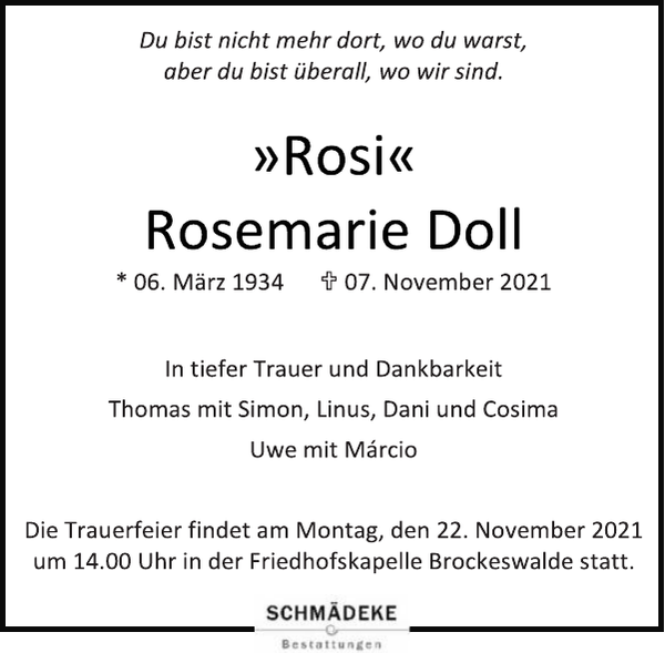 Rosemarie Doll Traueranzeige Cuxhavener Nachrichten