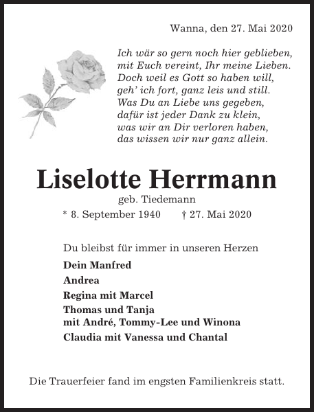 Liselotte Herrmann Traueranzeige Cuxhavener Nachrichten