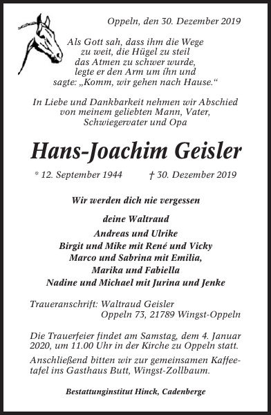 HansJoachim Geisler Traueranzeige Cuxhavener Nachrichten