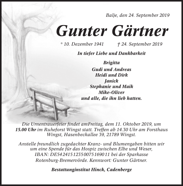 Gunter Gärtner Traueranzeige Cuxhavener Nachrichten