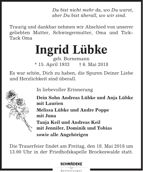 Ingrid Lübke Traueranzeige Cuxhavener Nachrichten