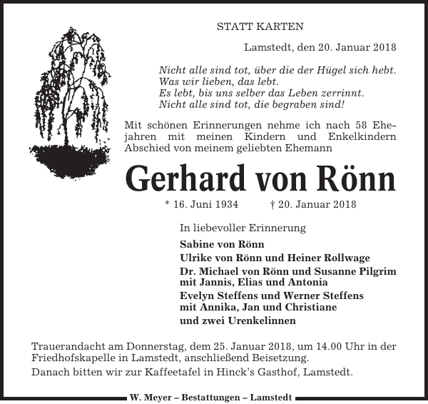 Gerhard von Rönn: Traueranzeige : Cuxhavener Nachrichten