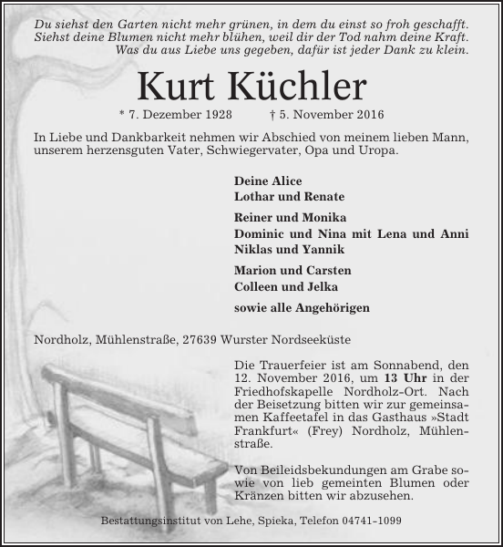 Kurt Küchler Traueranzeige Cuxhavener Nachrichten