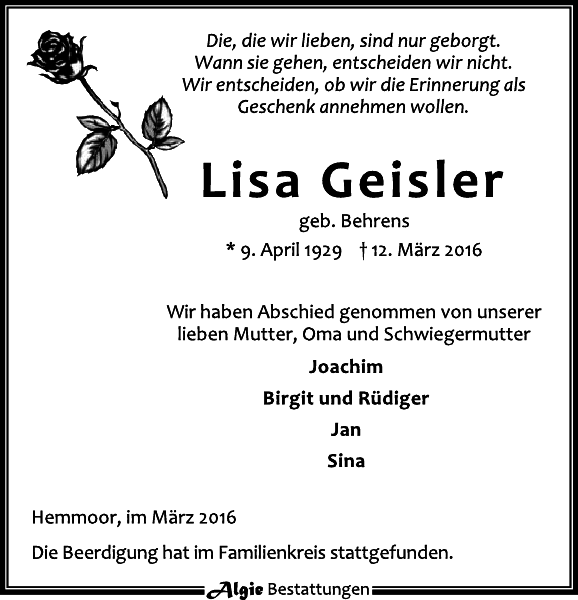 Lisa Geisler : Death : Cuxhavener Nachrichten