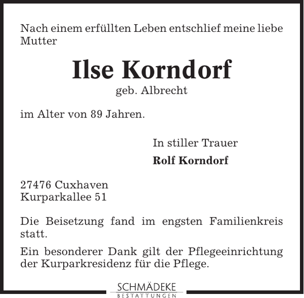 Ilse Korndorf Traueranzeige Cuxhavener Nachrichten