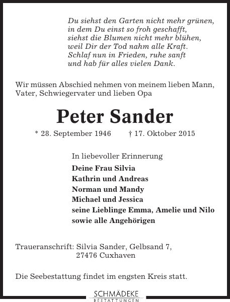 Peter Sander Traueranzeige Cuxhavener Nachrichten
