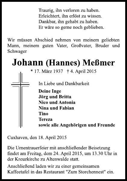 Johann Meßmer Traueranzeige Cuxhavener Nachrichten
