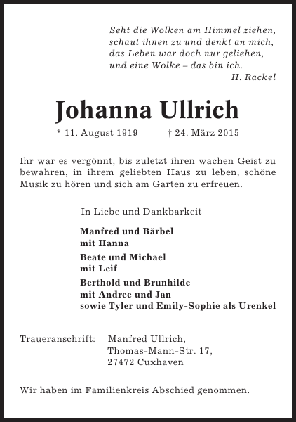 Johanna Ullrich Traueranzeige Cuxhavener Nachrichten