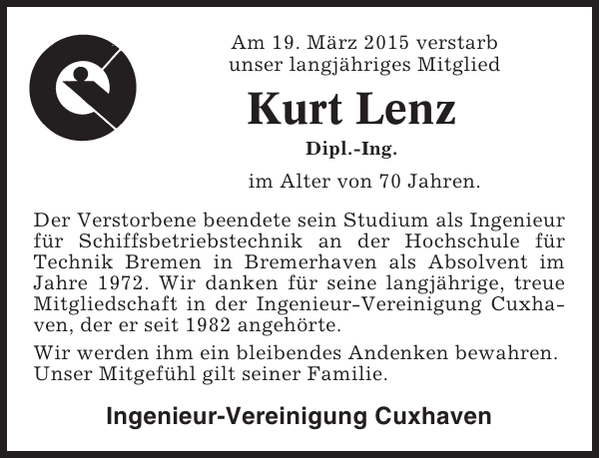 Kurt Lenz : Memorial : Cuxhavener Nachrichten