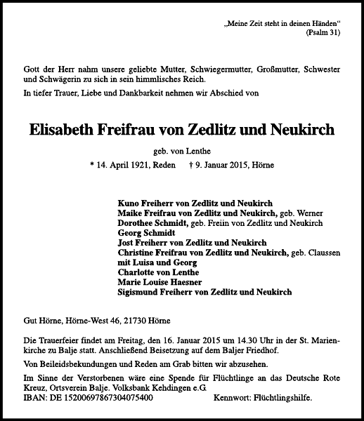 Elisabeth Freifrau von Zedlitz und Neukirch Traueranzeige Cuxhavener