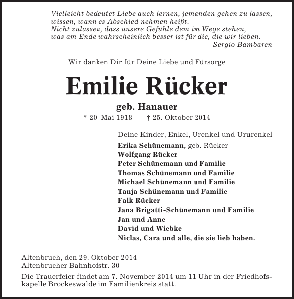 Emilie Rücker : Death : Cuxhavener Nachrichten