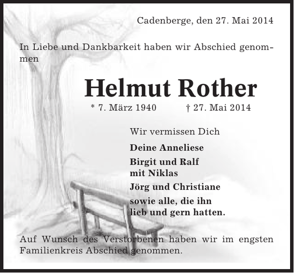 Helmut Rother: Traueranzeige : Cuxhavener Nachrichten