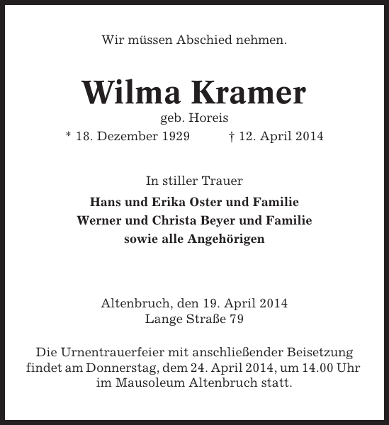 Wilma Kramer Traueranzeige Cuxhavener Nachrichten