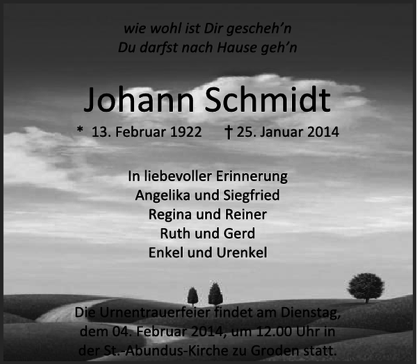 Johann Schmidt Traueranzeige Cuxhavener Nachrichten