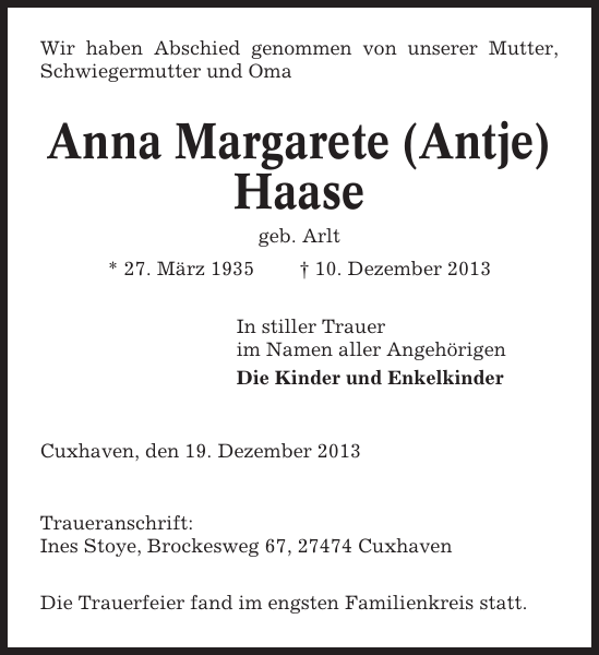 Anna Margarete (Antje) Haase Traueranzeige Cuxhavener Nachrichten
