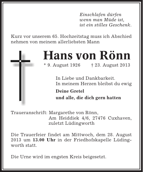 Hans von Rönn: Traueranzeige : Cuxhavener Nachrichten