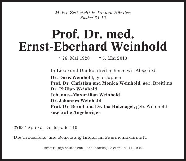 Prof. Dr. med.ErnstEberhard Weinhold Traueranzeige Cuxhavener