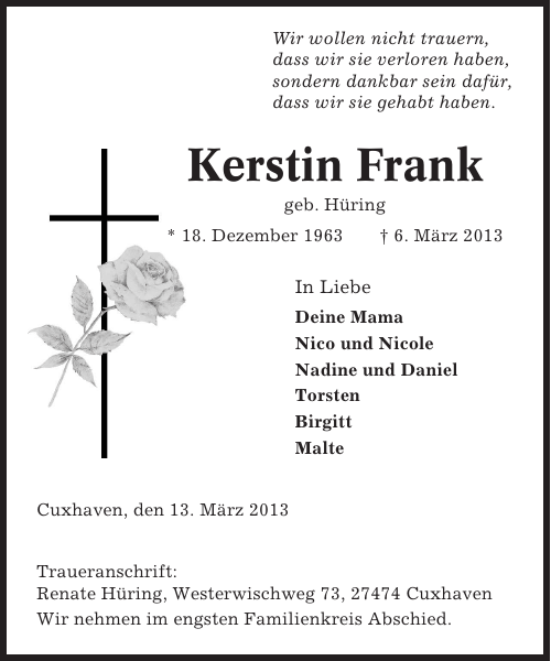 Kerstin Frank : Death : Cuxhavener Nachrichten