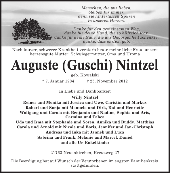 Auguste (Guschi) Nintzel Traueranzeige Cuxhavener Nachrichten