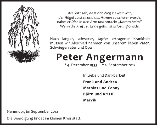 Peter Angermann Traueranzeige Cuxhavener Nachrichten