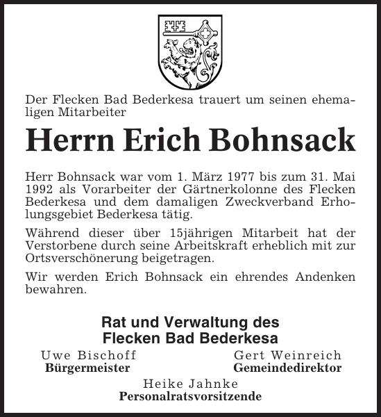 Erich Bohnsack Gedenken Cuxhavener Nachrichten