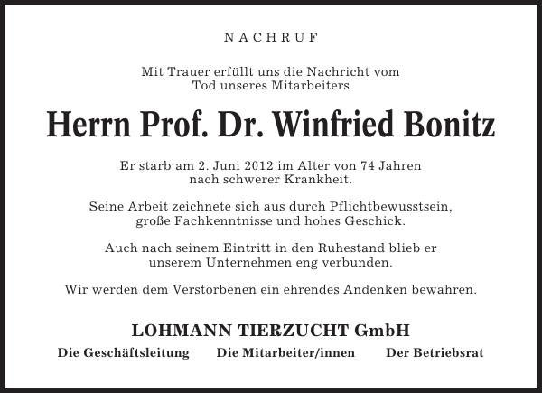 Herrn Prof. Dr. Winfried Bonitz Gedenken Cuxhavener Nachrichten