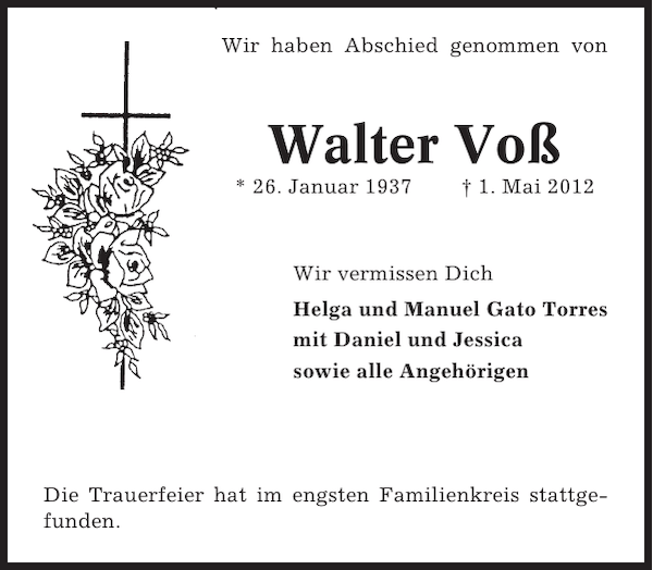 Walter Voß Traueranzeige Cuxhavener Nachrichten